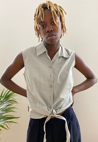 VINTAGE 90S CROP TOP CROPPED TIE BLOUSE SHIRT