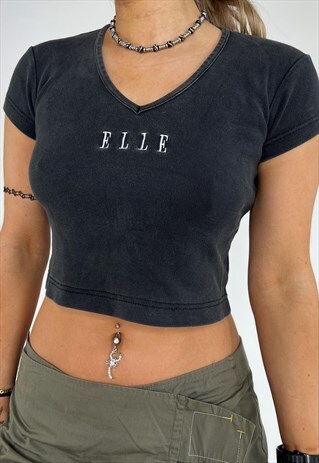 Vintage 90s Elle Crop Top Tshirt  Embroidered 