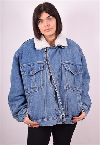 WOMENS VINTAGE SHERPA DENIM JACKET SMALL BLUE 90S