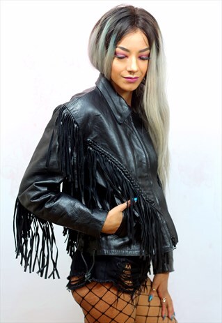 1980S VINTAGE JET BLACK FRINGE TASSEL REAL LEATHER JACKET