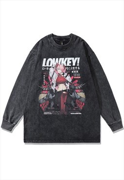 Anime t-shirt cyber Japanese long tee retro top in black
