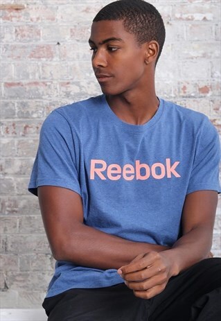VINTAGE REEBOK BIG LOGO SPELLOUT T-SHIRT BLUE