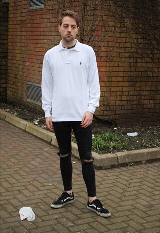 WHITE RALPH LAUREN LONG SLEEVE POLO