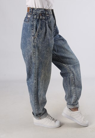VINTAGE HIGH WAISTED DENIM JEANS ACID WASH UK 12 (G2I)