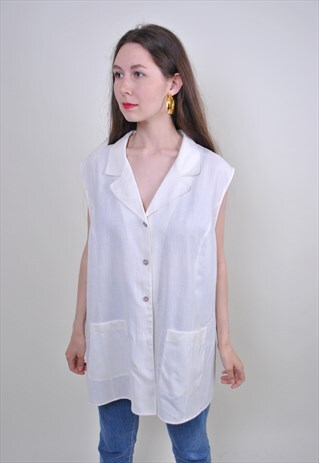 VINTAGE WHITE TANK BLOUSE, 90S WOMEN SUMMER SHIRT