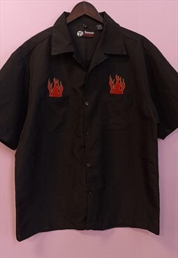 Vintage 1990s fire embroidery black shirt