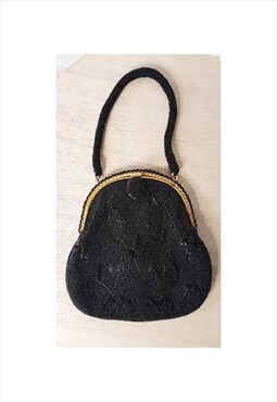1960s Vintage Handmade Glass Beaded Black Evening Bag