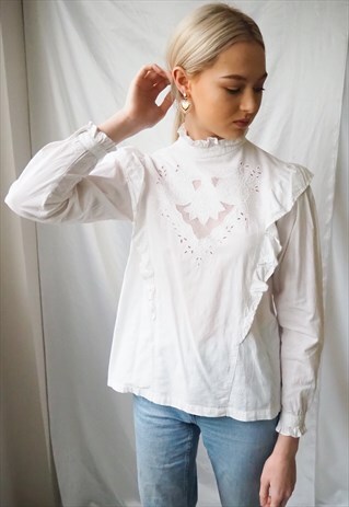 VINTAGE WHITE HIGH NECK RUFFLED BLOUSE