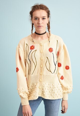 70'S RETRO FLORAL EMBROIDERED NEUTRAL CREAMY CARDIGAN