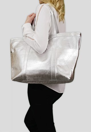 'ALICE' SILVER METALLIC SEMI SOFT FULL GRAIN SHOPPER BAG