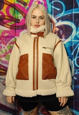 Roll neck fleece biker jacket fake fur preppy bomber cream