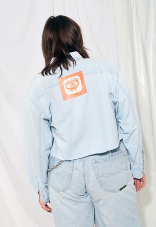 REWORKED DENIM SHIRT 90S VINTAGE EAT ACID PASTEL CROP TOP
