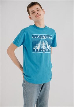 Vintage Graphic Wake View Cotton T-Shirt in Blue Unisex S