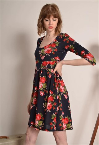 VINTAGE FLORAL WAISTED MINI DRESS IN BLACK AND RED