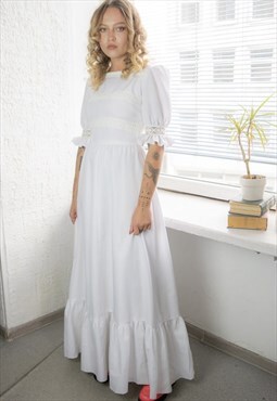 Vintage 60's White Maxi Bohemian Puff Sleeved Wedding Dress