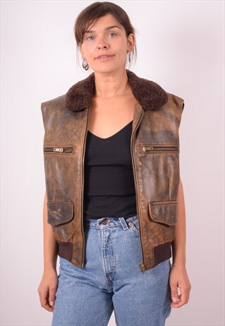 WOMENS VINTAGE LEATHER GILET MEDIUM BROWN 90S