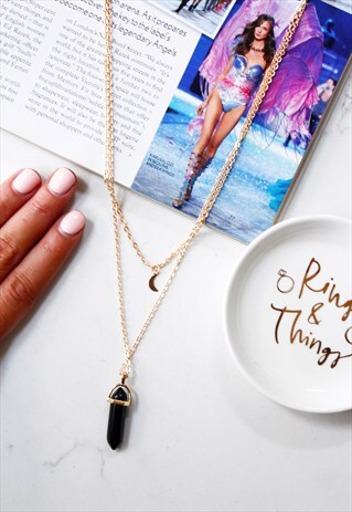 GOLD MOON BLACK QUARTZ STONE GEM MULTI LAYER NECKLACE
