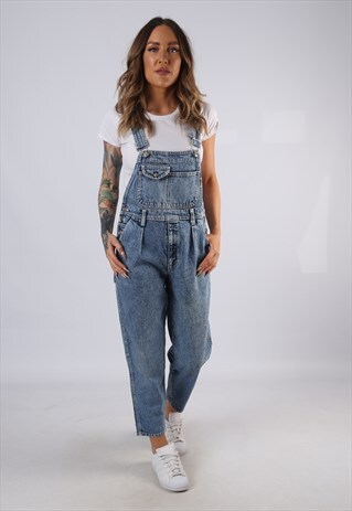 VINTAGE DENIM DUNGAREES PETITE WIDE TAPERED LEG UK 10 (HC3M)