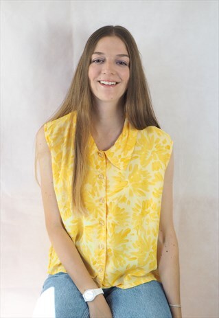 VINTAGE YELLOW FLORAL SLEEVELESS BLOUSE