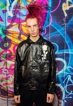 Faux leather varsity jacket floral grunge bomber in black