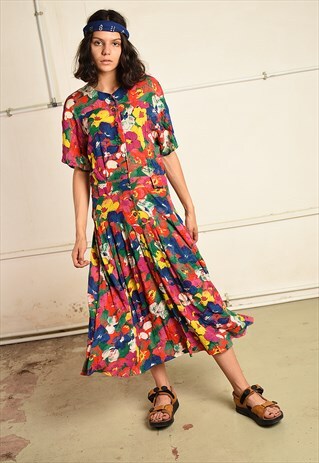 90'S RETRO FLORAL PRINT SUMMER MIDI FESTIVAL DRESS
