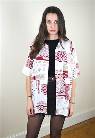 1990S VINTAGE WHITE & RED ABSTRACT PRINTED SHIRT