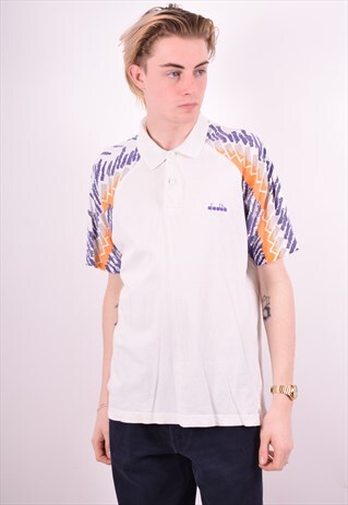 DIADORA MENS VINTAGE POLO SHIRT LARGE WHITE 90'S