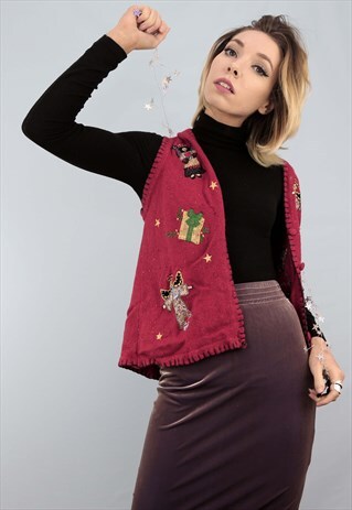 VINTAGE 80S 90S NOVELTY CHRISTMAS WAISTCOAT RED EMBROIDERED