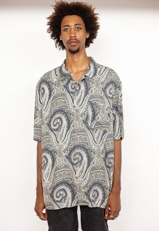 90S CLASSIC LUXURY PAISLEY PATTERN SILK FEEL SHIRT LARGE