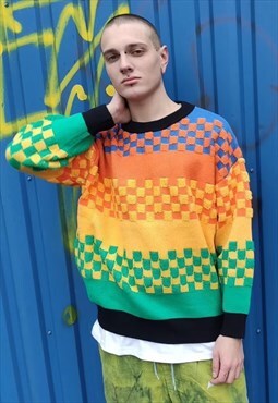 SKA check sweater 3D knit fleece jumper in tartan rainbow