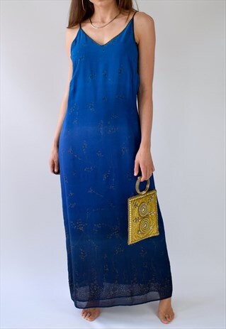 VINTAGE 90S Y2K FLORAL PAISLEY BLUE OMBRE GOLD MAXI DRESS