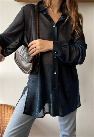VINTAGE 90S SHEER SPARKLING BLACK BLOUSE SHIRT TOP