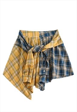 Plaid mini skirt contrast stitching check skirt yellow blue