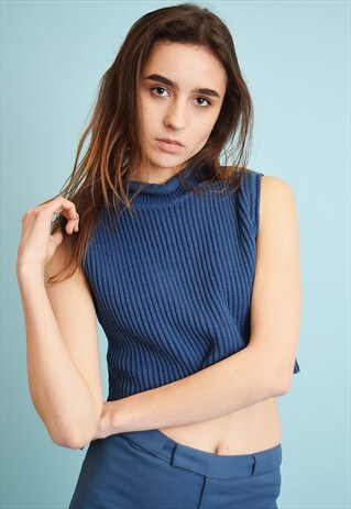 90'S RETRO MINIMALIST BLUE KNITTED CROP TOP