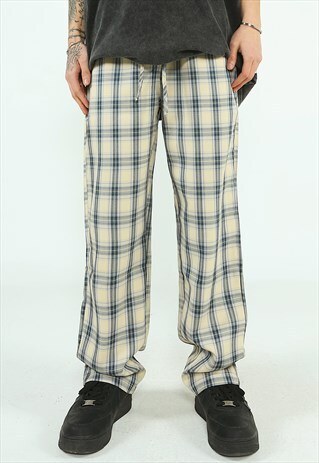 CHECK PANTS WIDE THIN CHESS JOGGERS IN CREAM BLUE