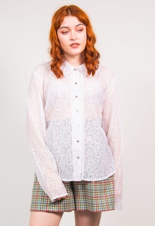 VINTAGE 90'S WHITE FLORAL LACE SHEER SHIRT BLOUSE