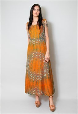 70's Vintage Ladies Maxi Sleeveless Orange Floral Dress