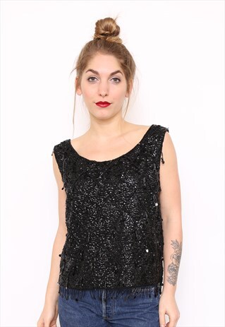 VINTAGE 60S BLACK WOOL EMBELLISHED PARTY CAMI TOP