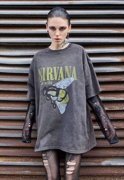 Nirvana tshirt rock band tee vintage wash bee print top grey