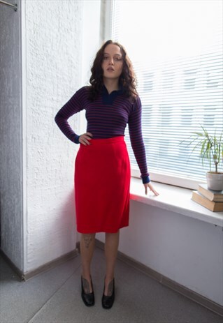 VINTAGE 70'S BRIGHT RED HIGH WAISTED MIDI SKIRT