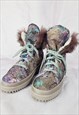 90S VINTAGE PURPLE ABSTRACT PRINT FURRY WINTER ANKLE SHOES