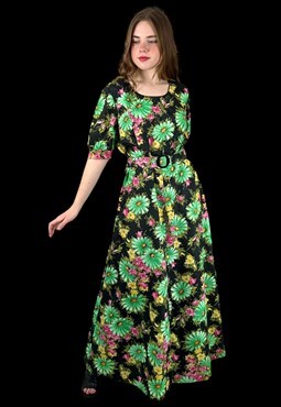 70's Vintage Short Puff Sleeve Black Green Maxi Dress