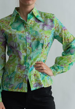 VINTAGE 70S BOHO LONG SLEEVE SHIRT WITH SPIKE COLLAR