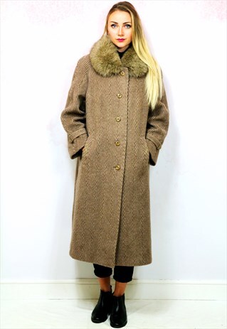 1980S VINTAGE BEIGE MOAHIR WOOL FAUX FUR COLLAR COAT