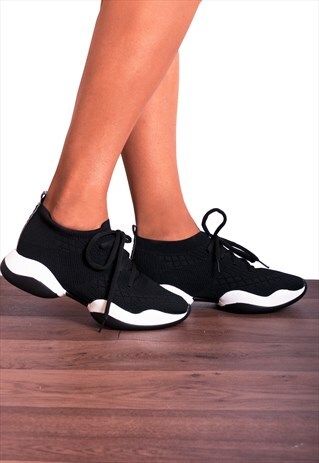 BLACK KNITTED SOCK STYLE CHUNKY SOLE LACE UPS TRAINERS