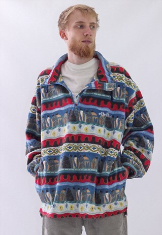 VINTAGE MENS ELLESSE AZTEC FLEECE HALF ZIP PULLOVER JACKET