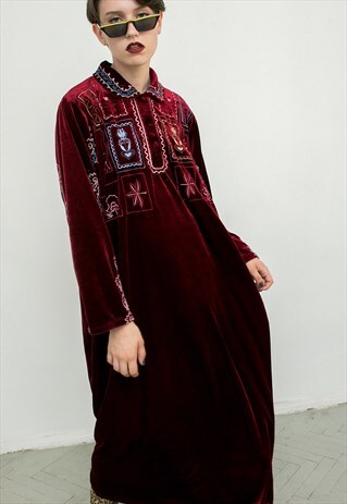 VINTAGE ROBE CRIMSON RED VELVET UNISEX EMBROIDERY KAFTAN