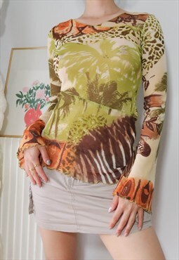 vintage y2k green jungle printed mesh tshirt 