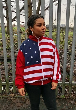 VINTAGE USA FLAG PRINT ZIP THROUGH SHELLSUIT TRACK JACKET