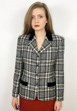 Vintage Pure new Wool Jacket, Italian Plaid Grey Wool Blazer